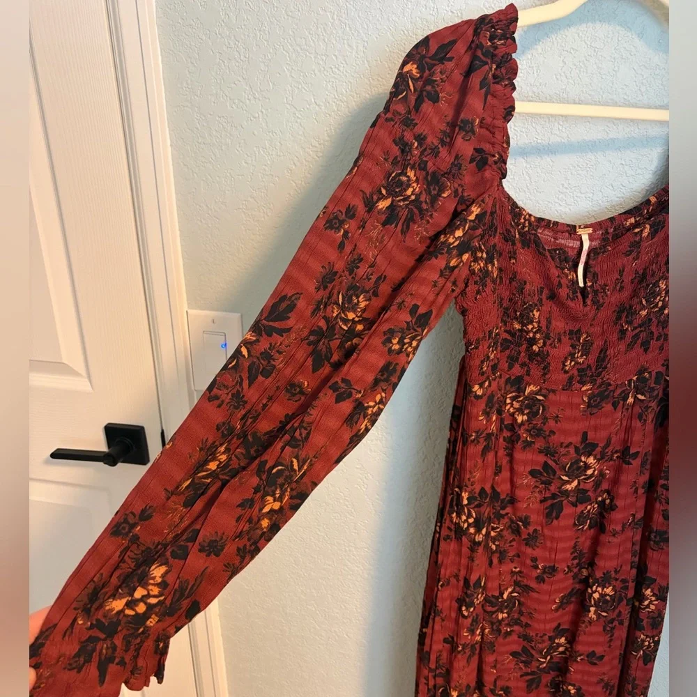Free People Smocked Floral Midi Dress Rust Red Boho Long Sleeve Size S - Picture 5 of 8